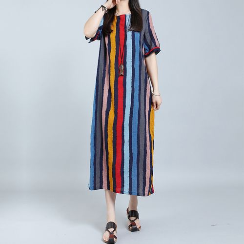 Zanzea Women Boho Loose Striped Dress Short Sleeve Pocket Maxi Robe