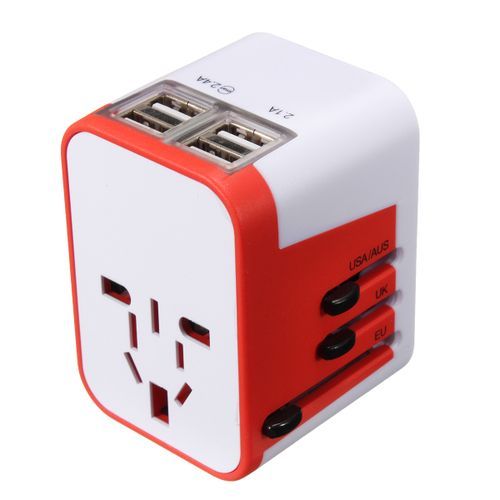 Universal Travel Adapter USB AC Power 110V 240V W/ Mop Box For AU EUROPE USA UK Red